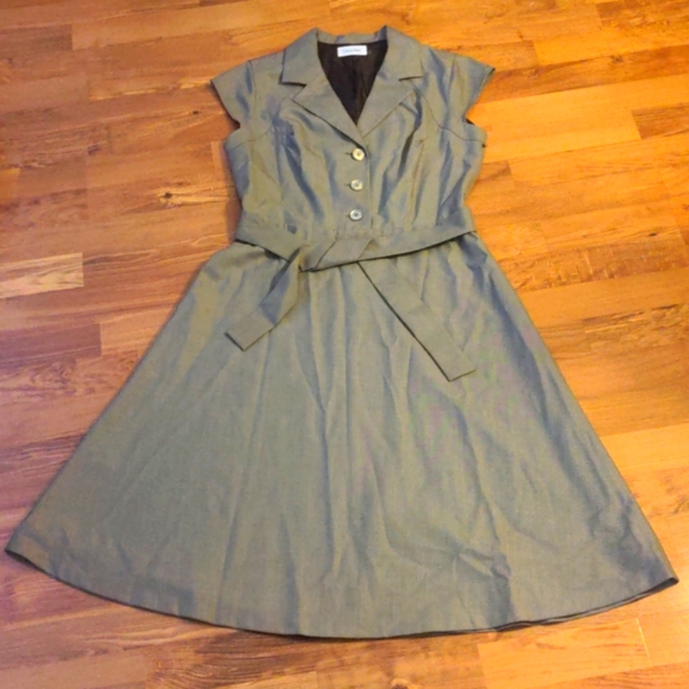 Calvin Klein Olive Midi Shirt Dress with Self-Tie Waist